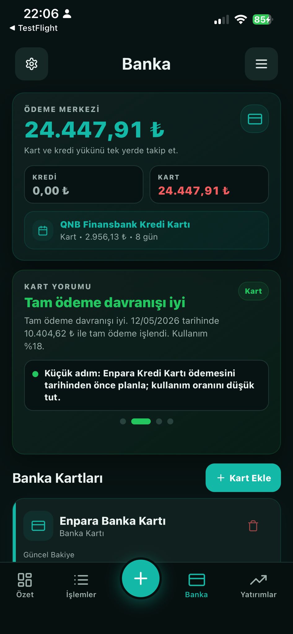 Banka ve kredi kartı takip ekranı