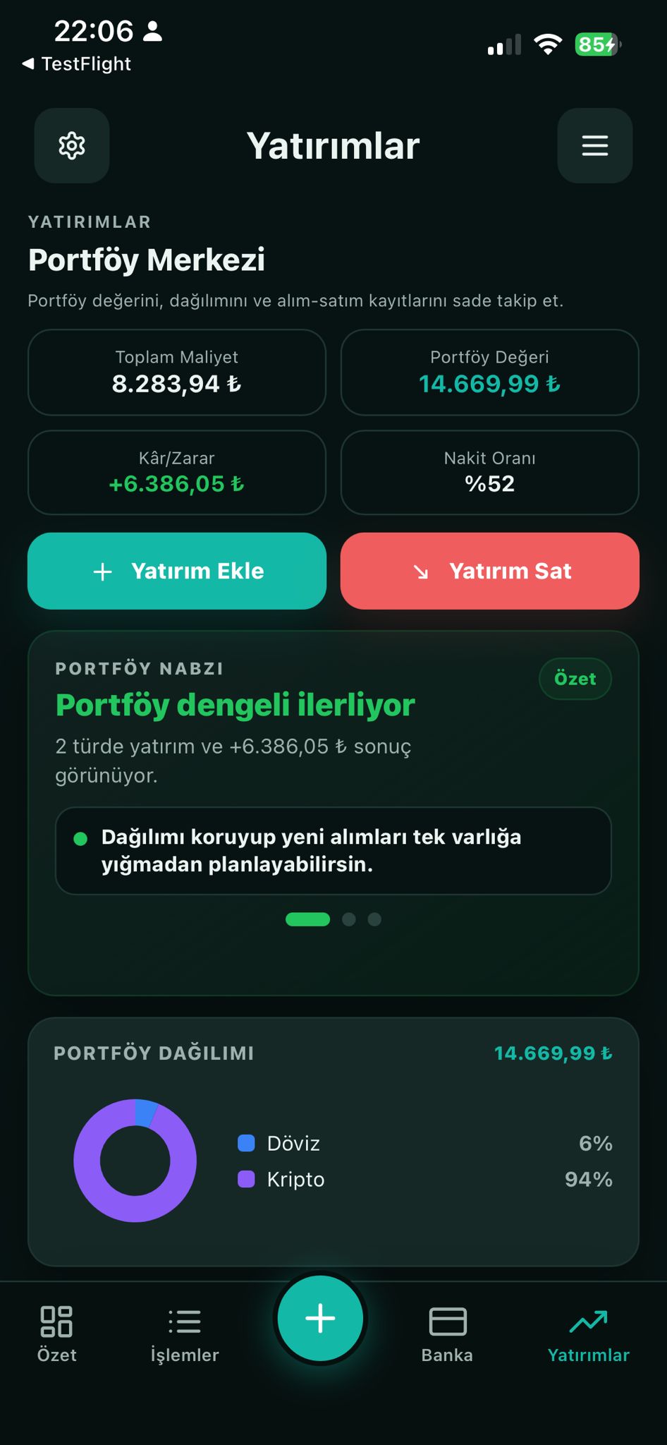 Yatırım portföyü ekranı