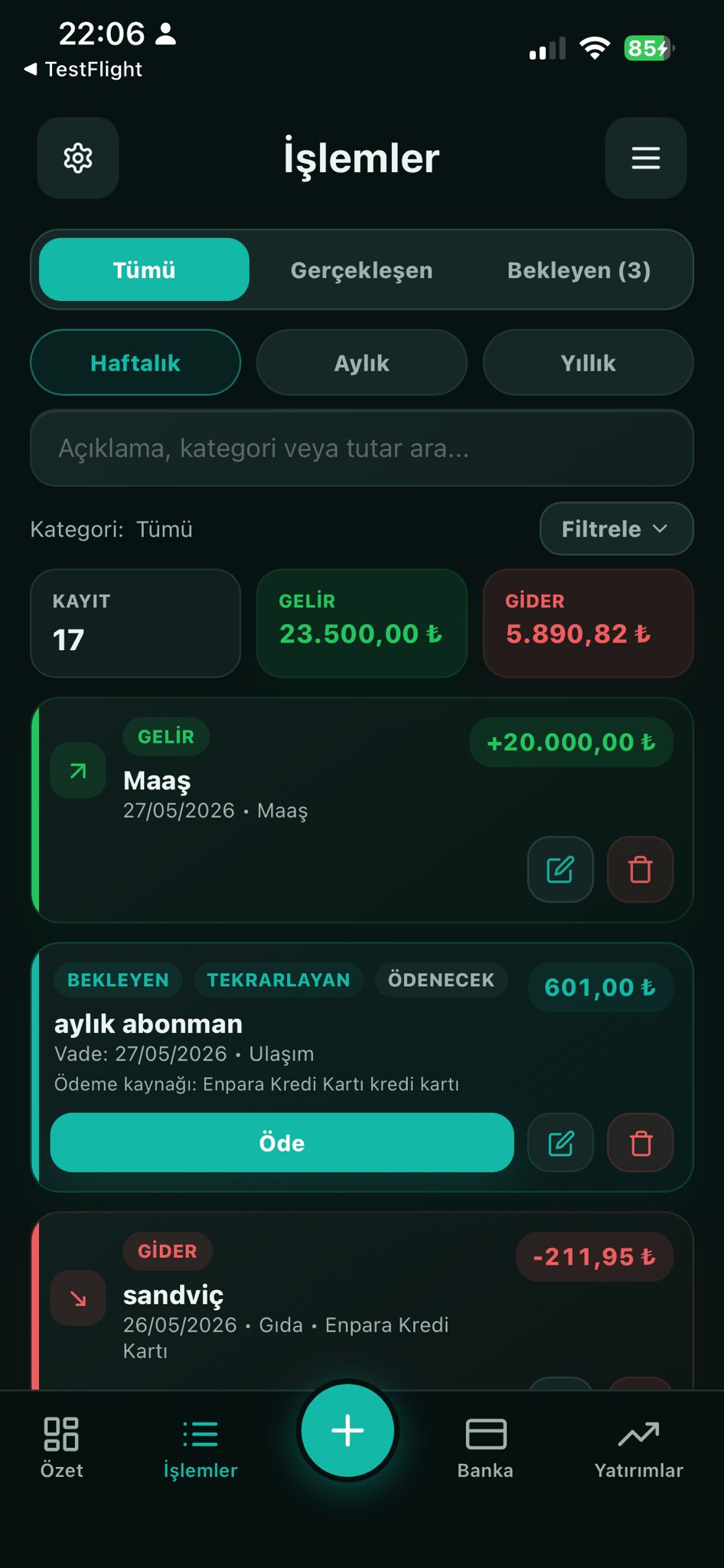 İşlemler ekranı